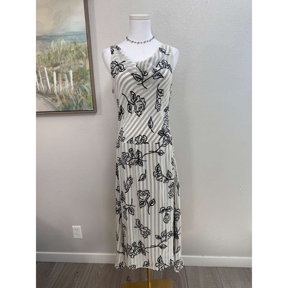 GiGi Silk Originals 100% Silk Floral Stripe Midi Dress Size 12